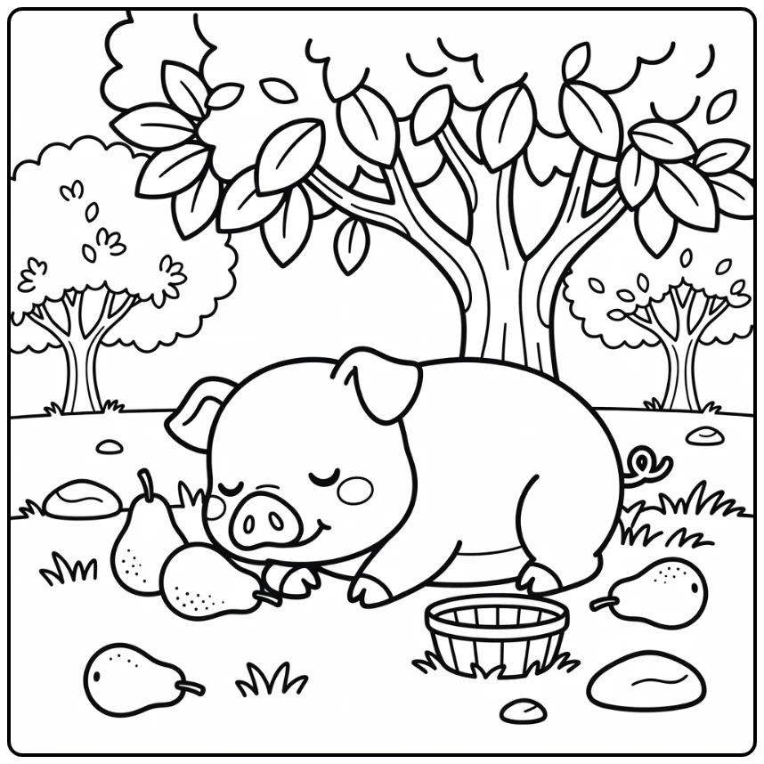 Cozy pig coloring page featuring sleepy pig by fallen pears