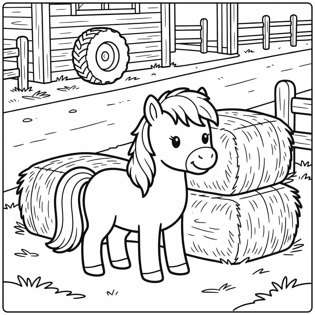 Cute pony coloring page beside hay bales in farmyard