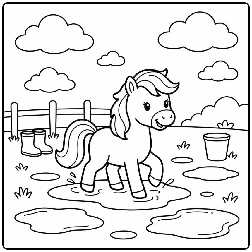 Adorable pony coloring page splashing in post-rain puddles