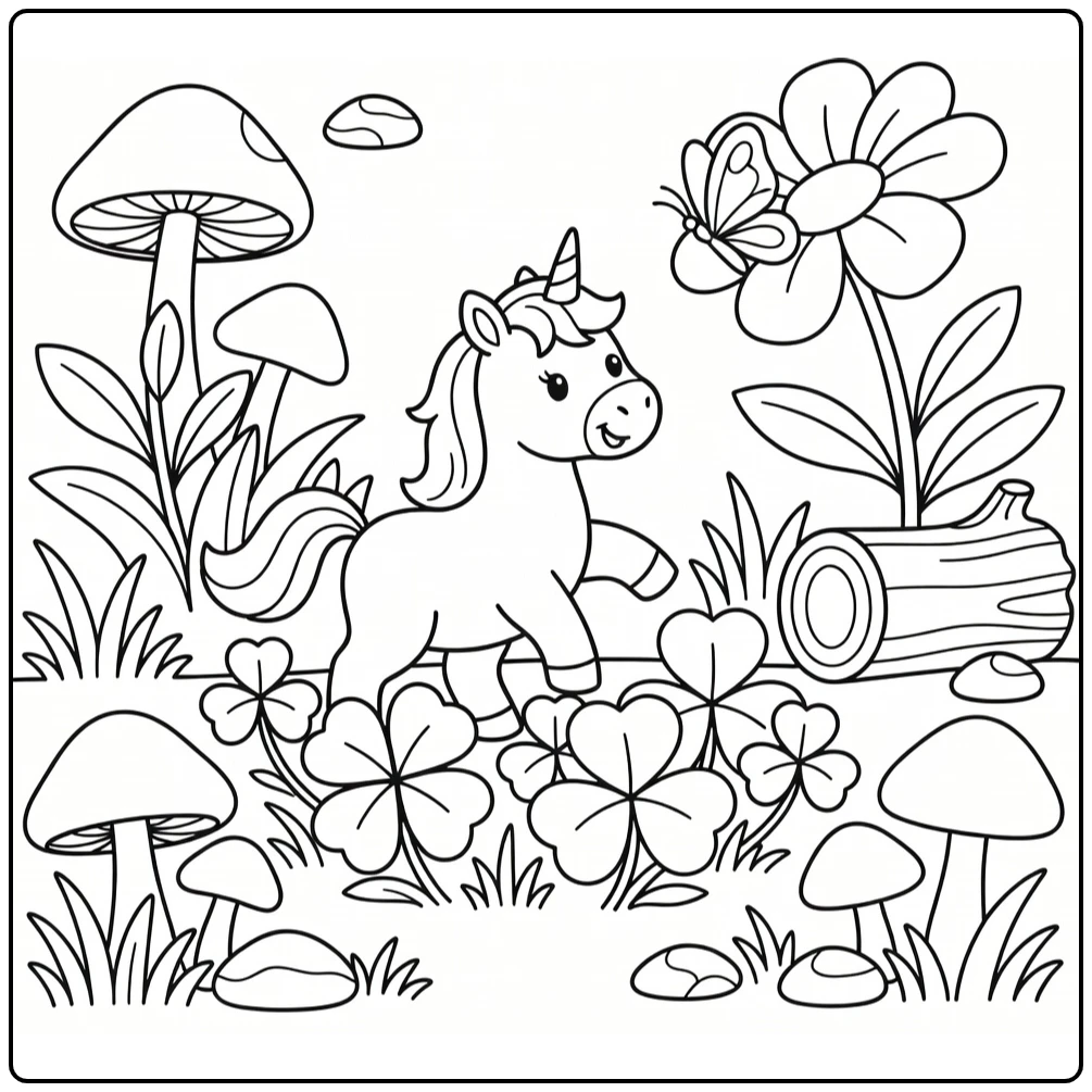 Playful unicorn and butterfly coloring page forest scene