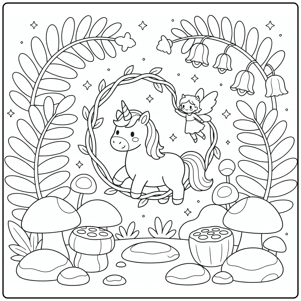 unicorn fairy coloring page: fairy lifts vine for unicorn