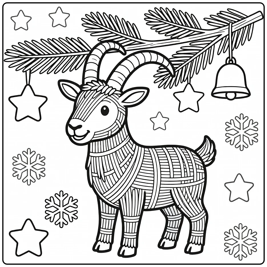 Cute yule Goat coloring page on fir branch with ornaments