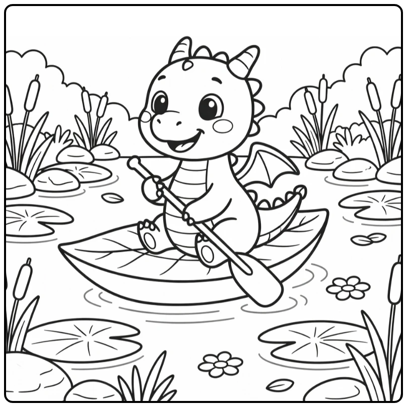 Cartoon dragon coloring page: paddling leaf boat on pond