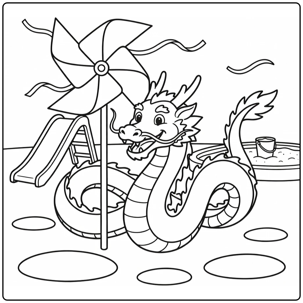Chinese dragon coloring page for kids peeking behind pinwheel