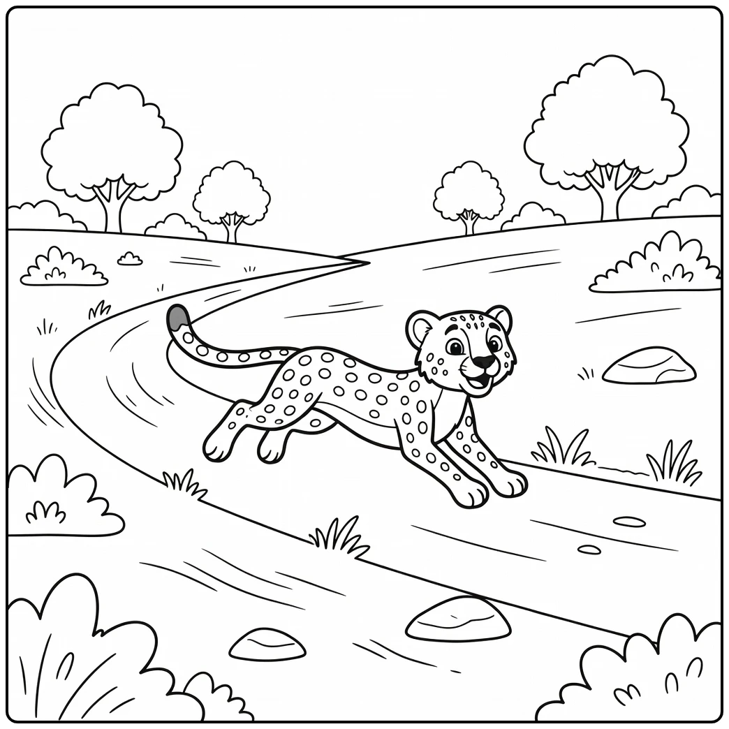 Sprinting cheetah on plain wild animals coloring page