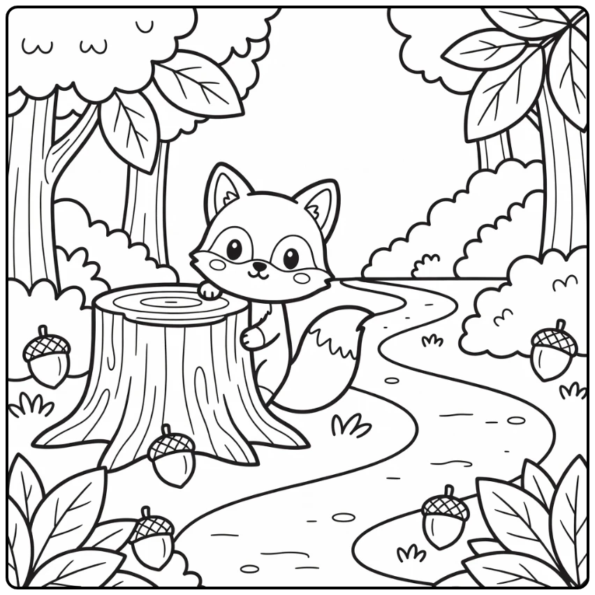 Chibi animal coloring page: fox cub peeking from tree stump