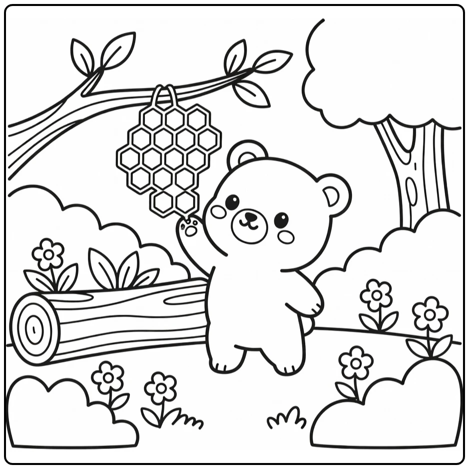 Chibi animal coloring page: bear cub reaching for honeycomb