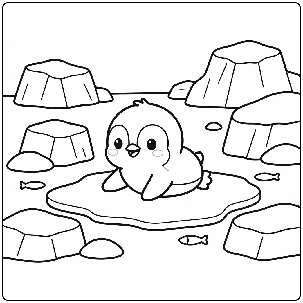 Chibi animal coloring page: penguin chick sliding on ice