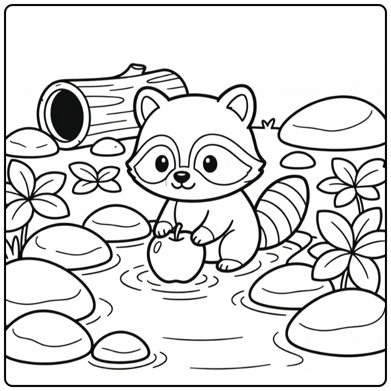 Chibi animal coloring page: raccoon washing fruit in stream
