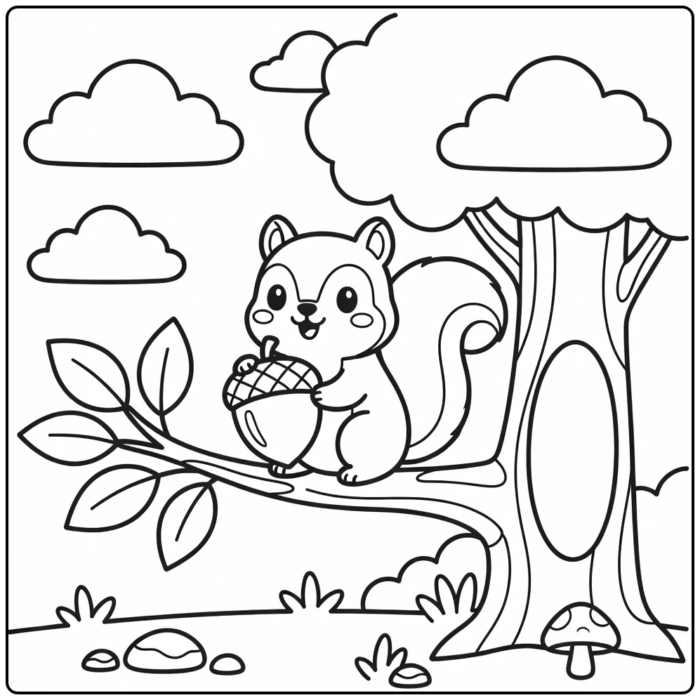 Chibi animal coloring page: squirrel balancing acorn on branch
