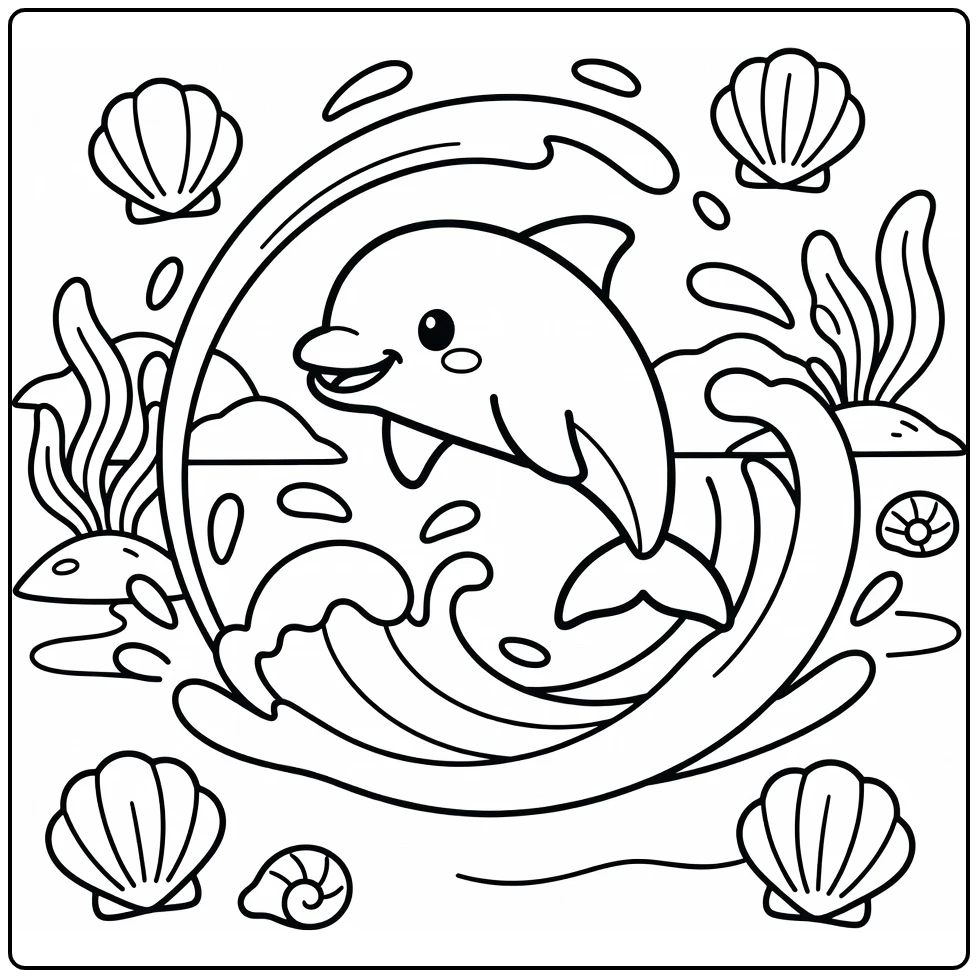Chibi animal coloring page: dolphin leaping through wave splash