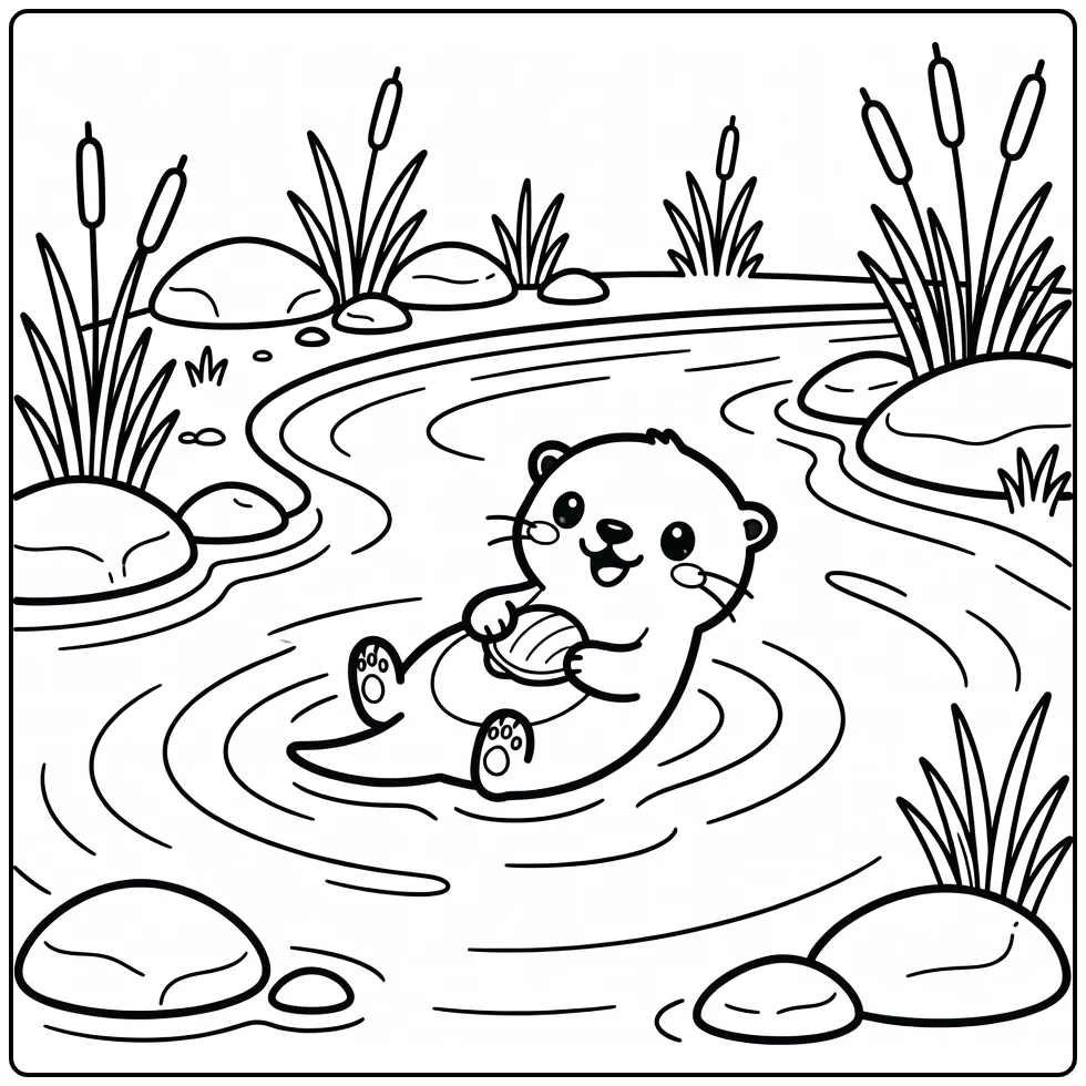 Chibi animal coloring page: otter floats with shell in river