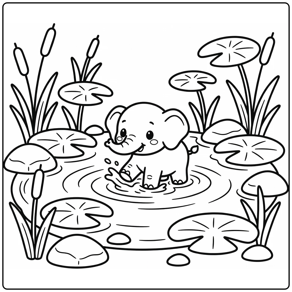 Chibi animal coloring page: elephant splashing in pond