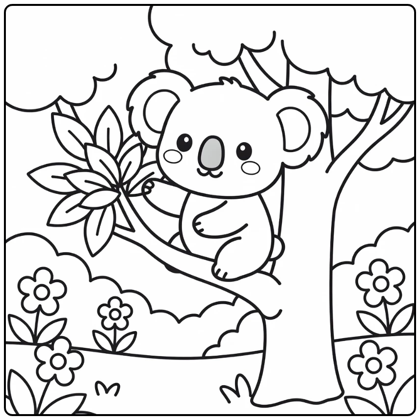 Chibi animal coloring page: koala clinging to branch reaching leaves
