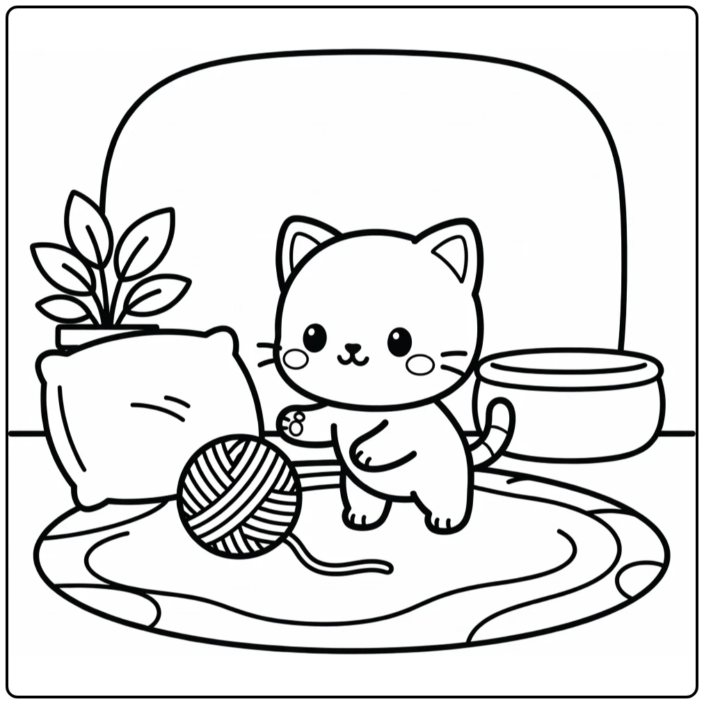Chibi animal coloring page: kitten bats yarn ball on cozy rug