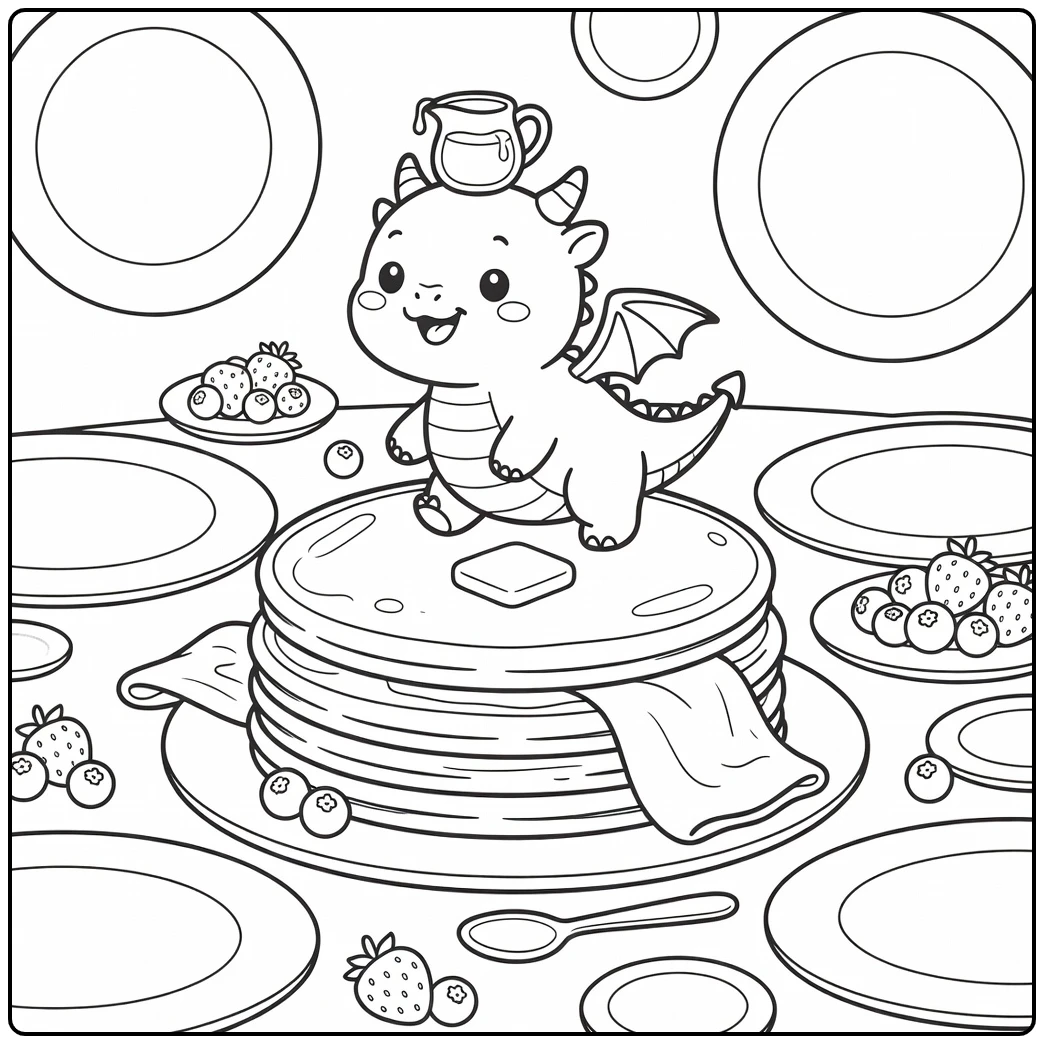 Chibi dragon coloring page waddling on pancake stack with syrup pitcher