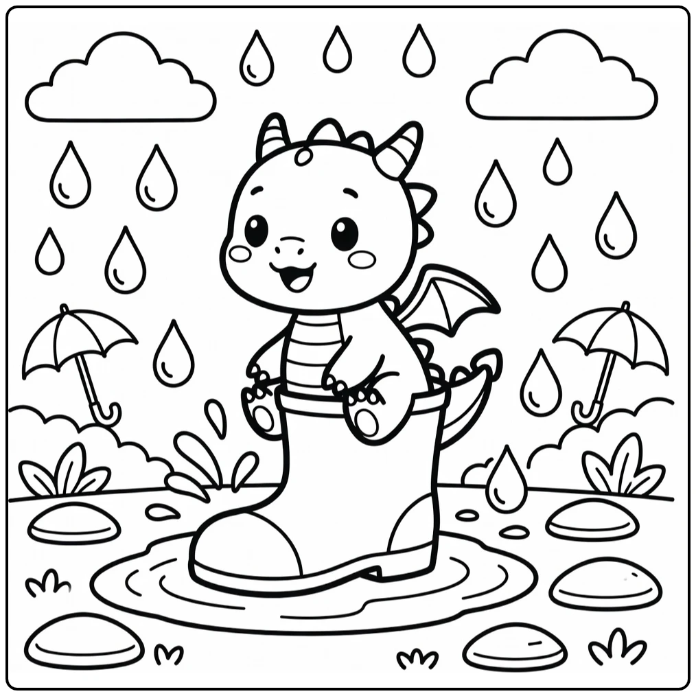 Chibi dragon coloring page: cute dragon in rain boot splashing puddle