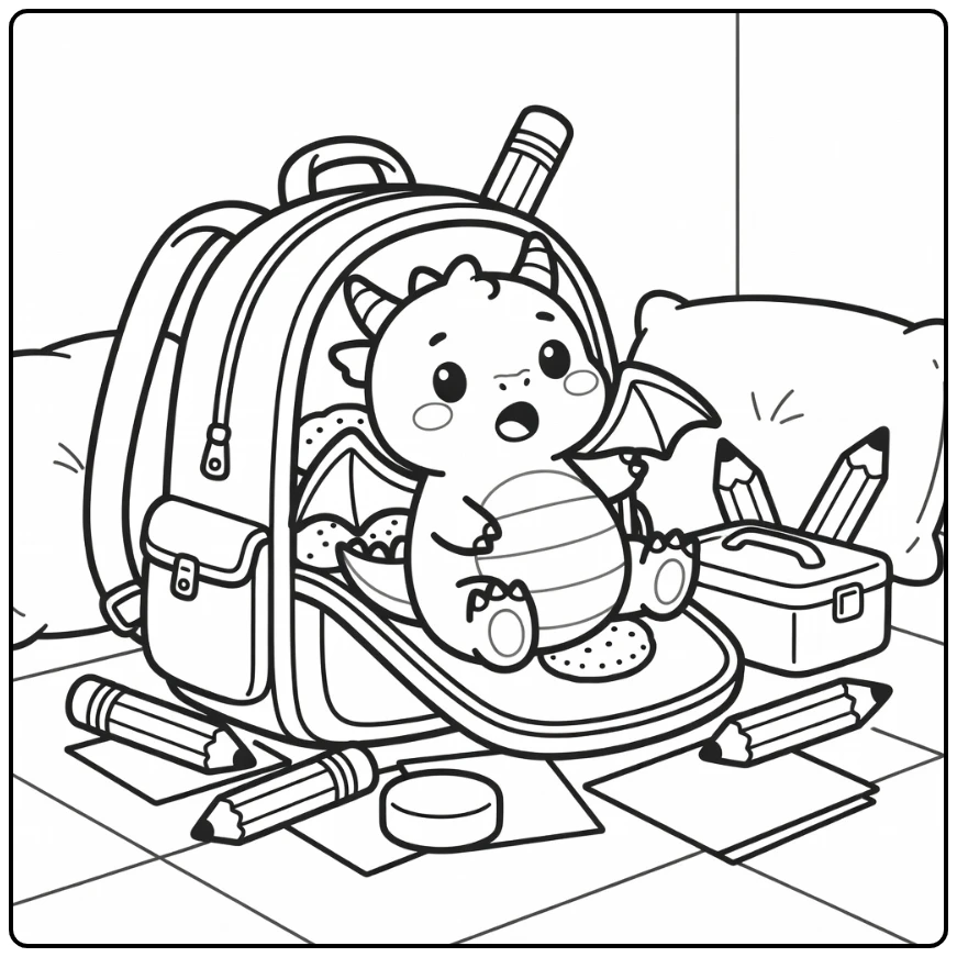 Chibi dragon coloring page tumbling from backpack over snack