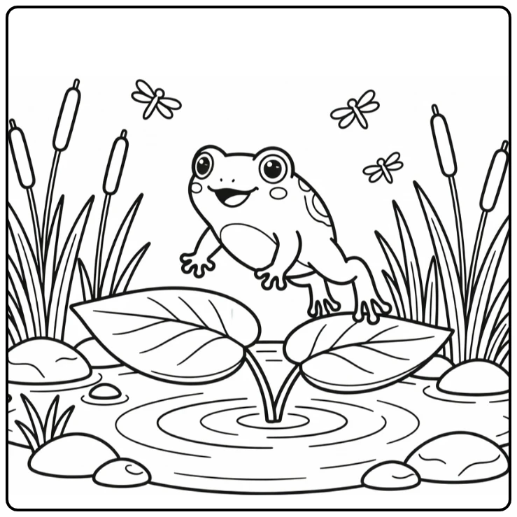 Chibi frog jumping lily pads pond scene chibi animal coloring page