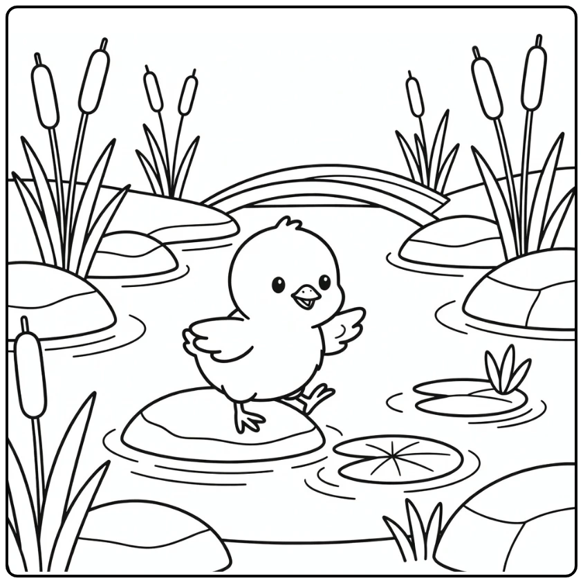 Chick coloring page cute chick on rock by garden pond