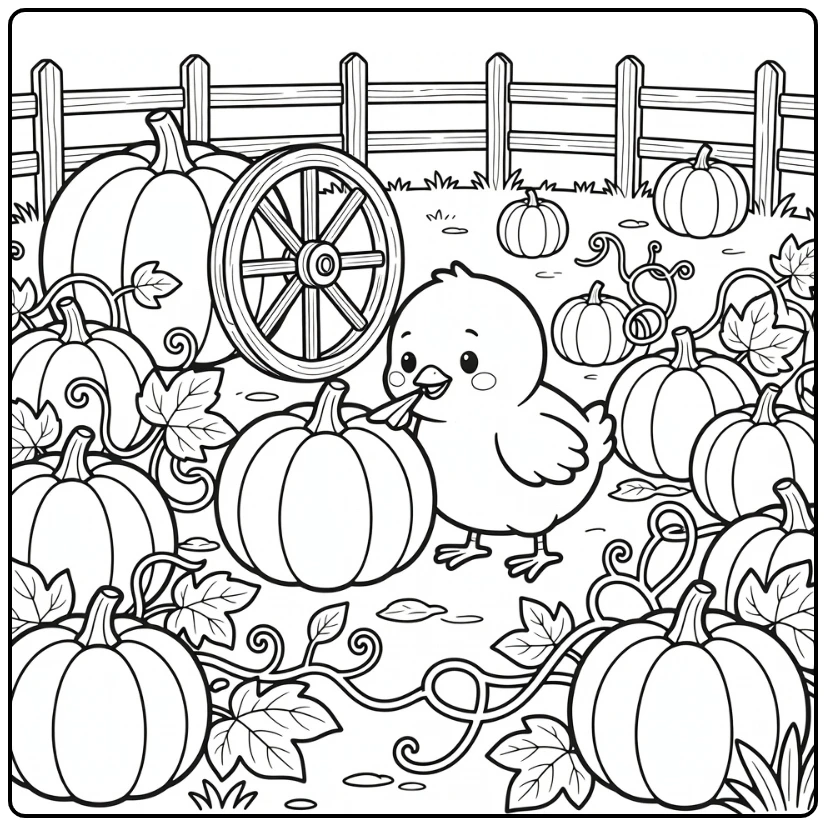 Chick coloring page with cute chick in pumpkin patch