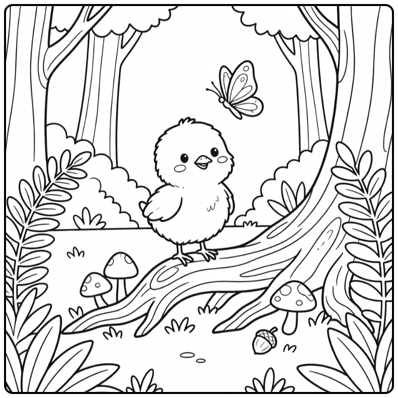 Chick coloring page with butterfly on woodland root