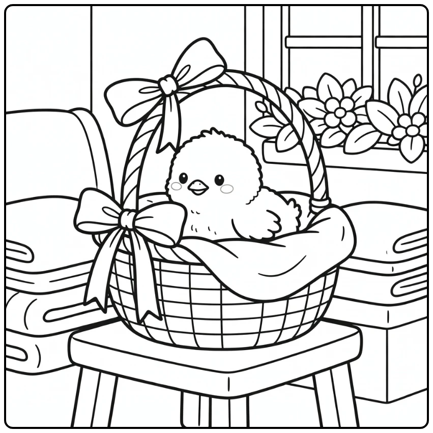 Cute chick coloring page in woven basket with cozy elements