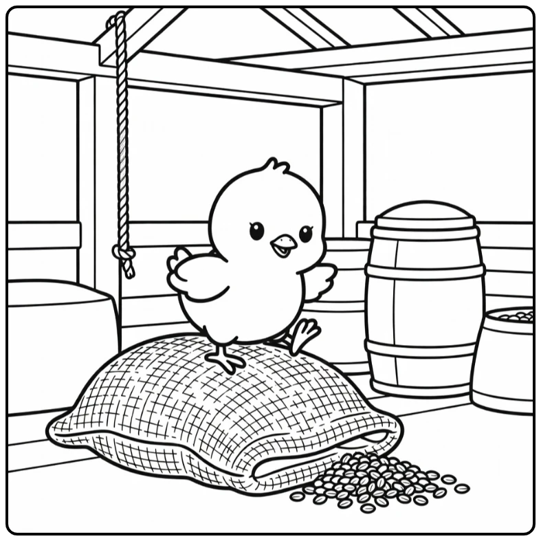 Chick coloring page with chick on burlap sack in grain shed