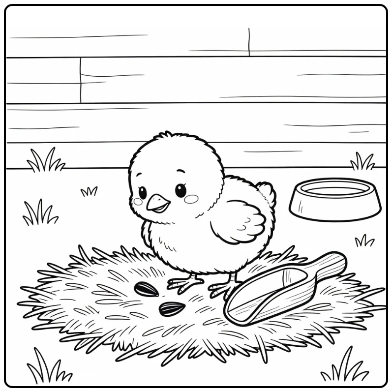 Chick coloring page with cute chick pecking sunflower seed on straw