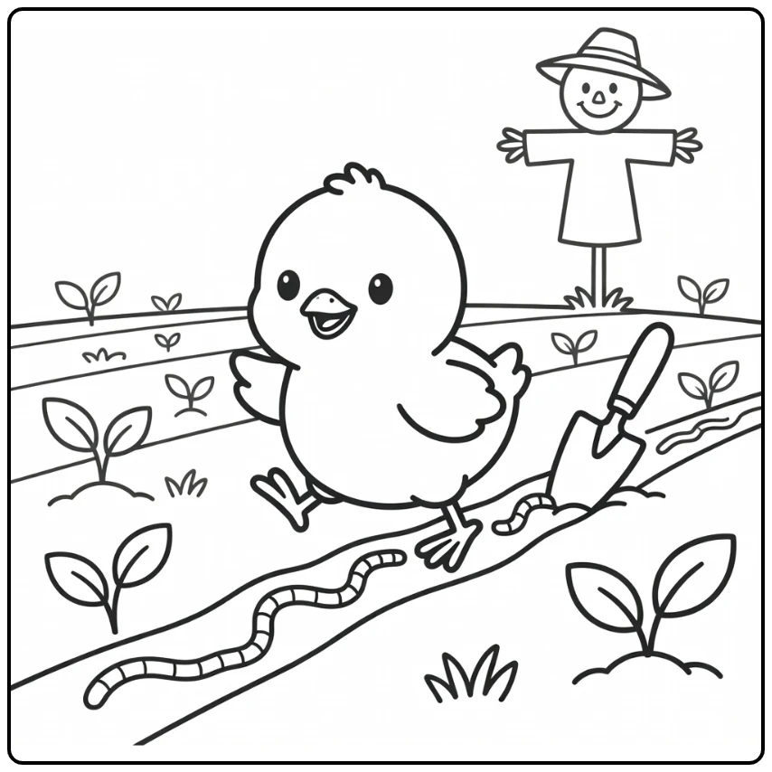 Chick coloring page hopping over furrow in farm field