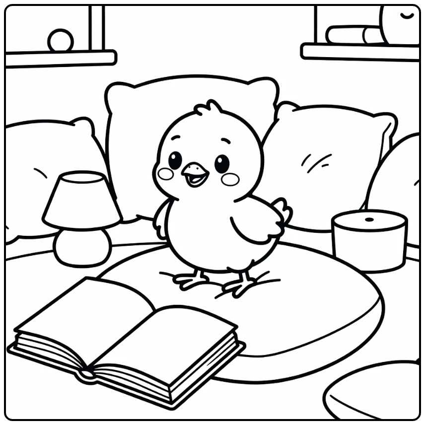 Chick coloring page for kids cute chick balancing on cushion