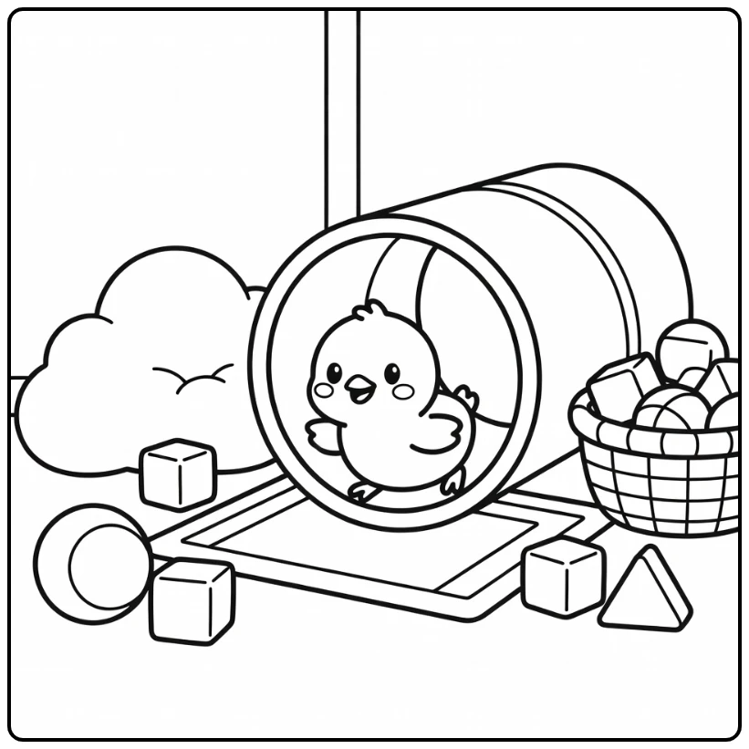 Fun Chick Coloring Page for Kids with Tunnel and Toys