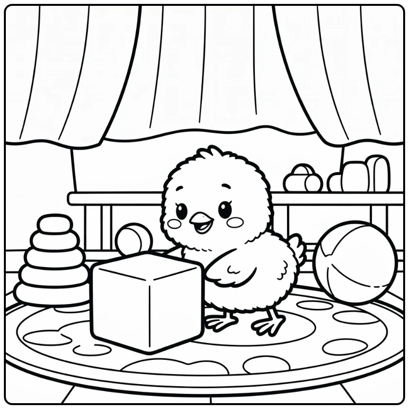 Chick coloring page for kids with chick nudging toy block