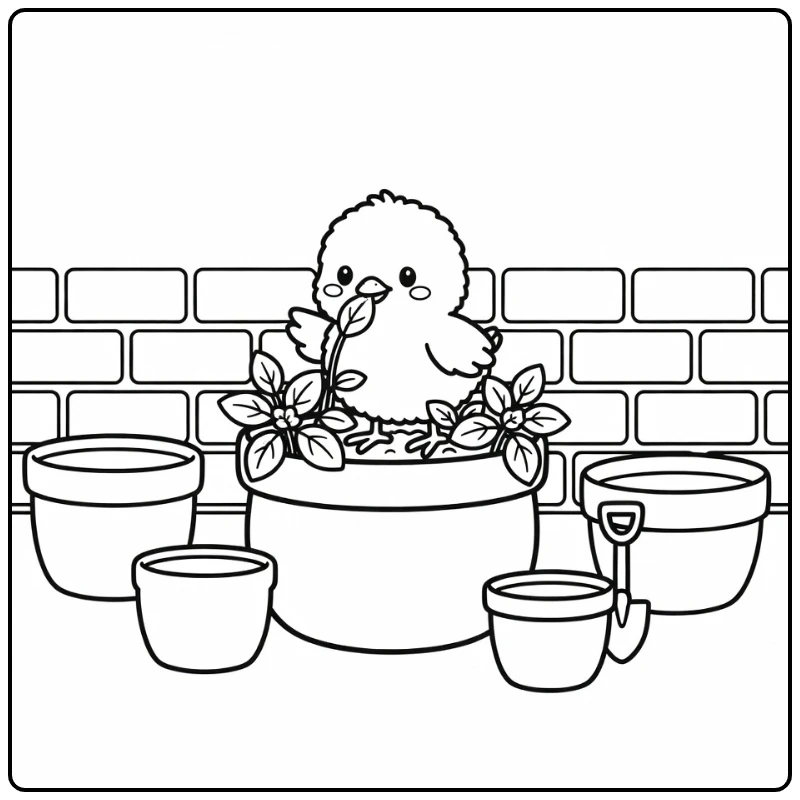 Chick coloring page of cute chick nibbling basil leaf