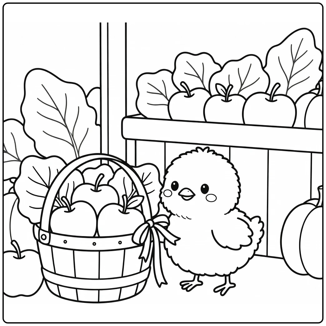 Chick coloring page with cute chick pulling ribbon on basket