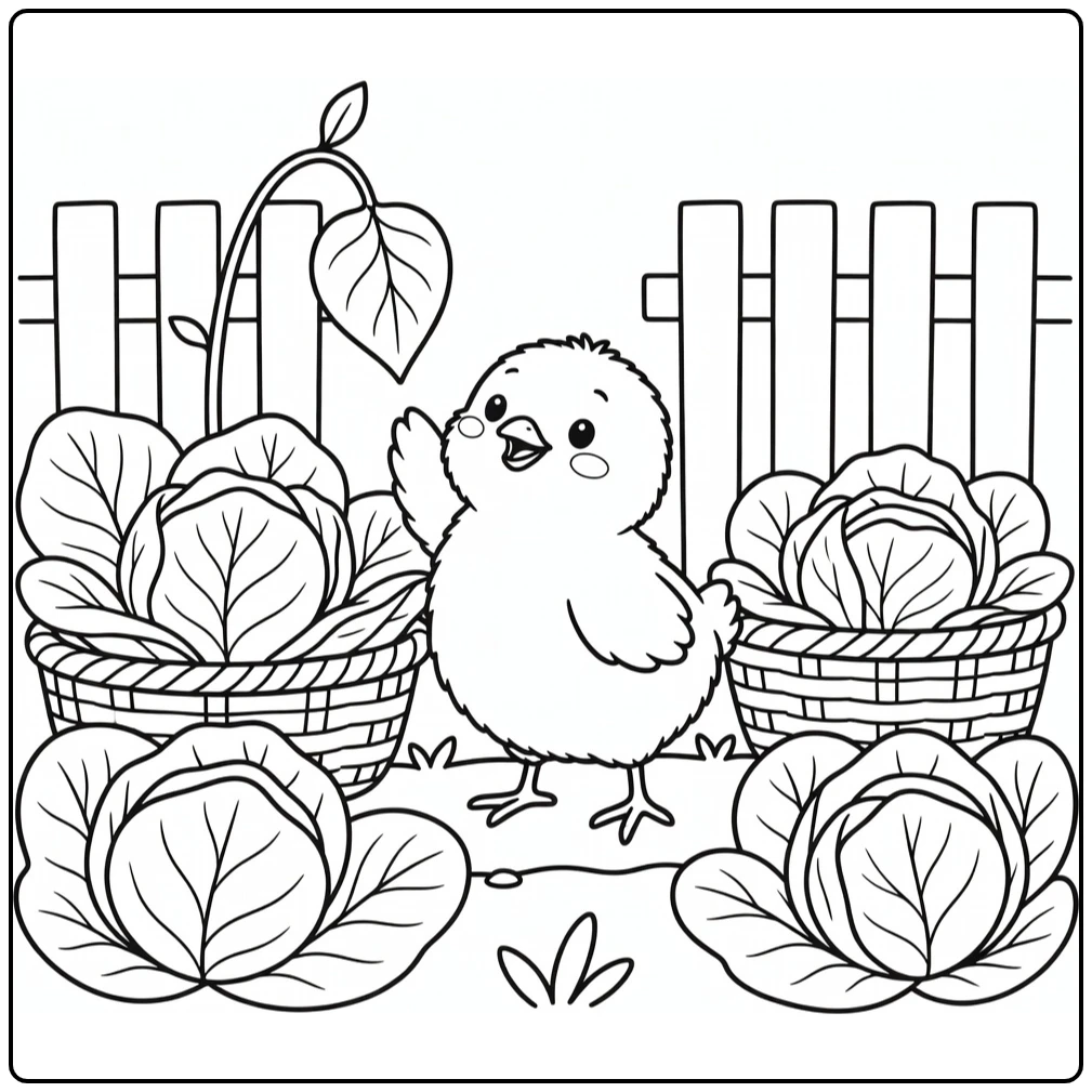 Cute chick coloring page stretching for vine leaf in farm garden