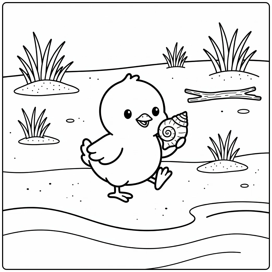 Chick coloring page: cute chick examining seashell on beach