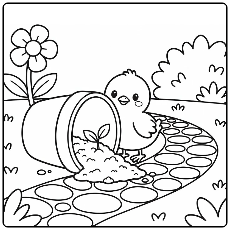 Chick coloring page with cute chick behind tipped flower pot