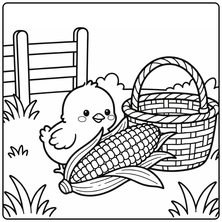 Chick coloring page of cute chick nuzzling corn by basket