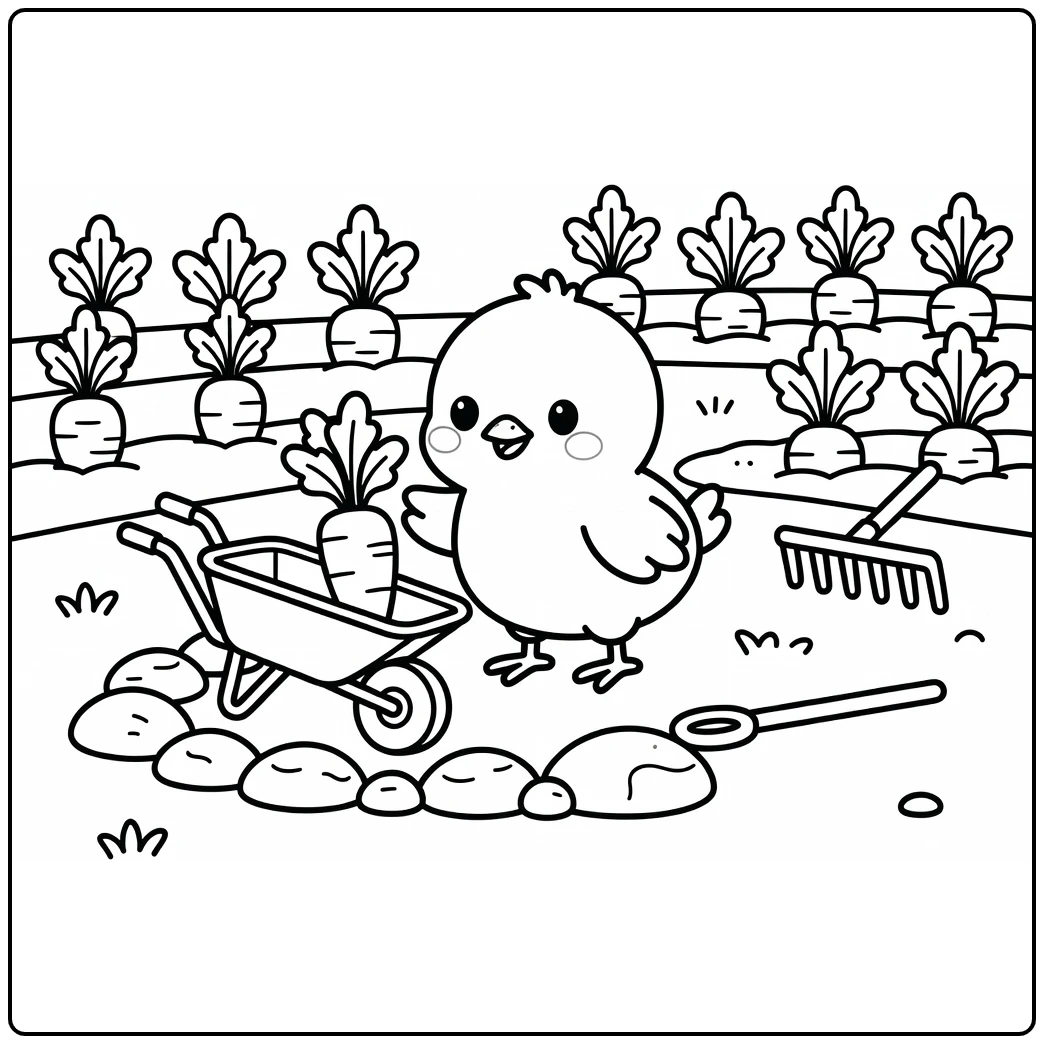 Chick Coloring Page with Chick Inspecting Carrot in Garden