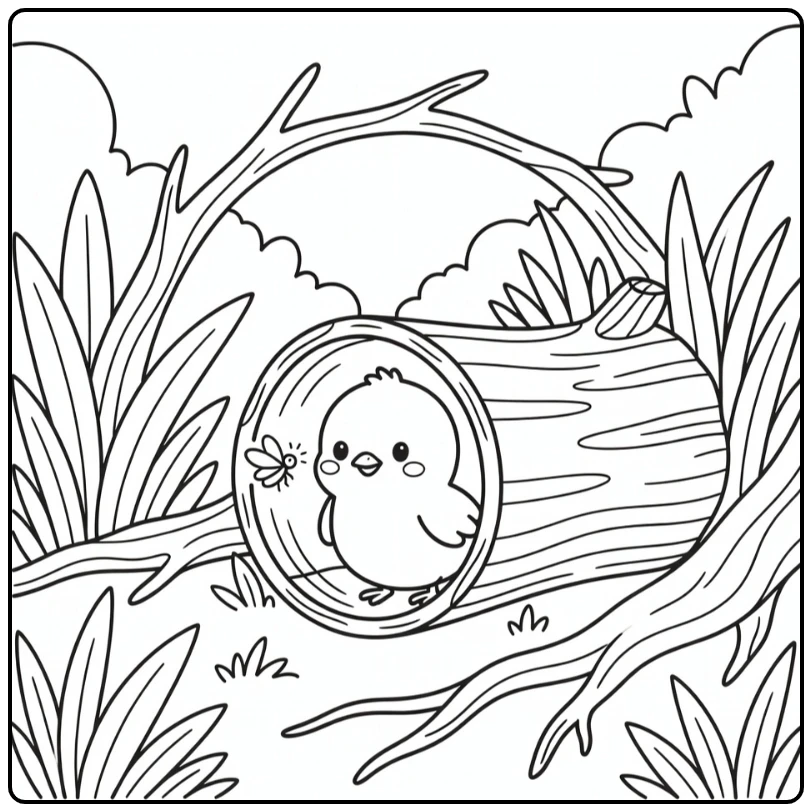 Chick coloring page of cute chick in hollow log with firefly