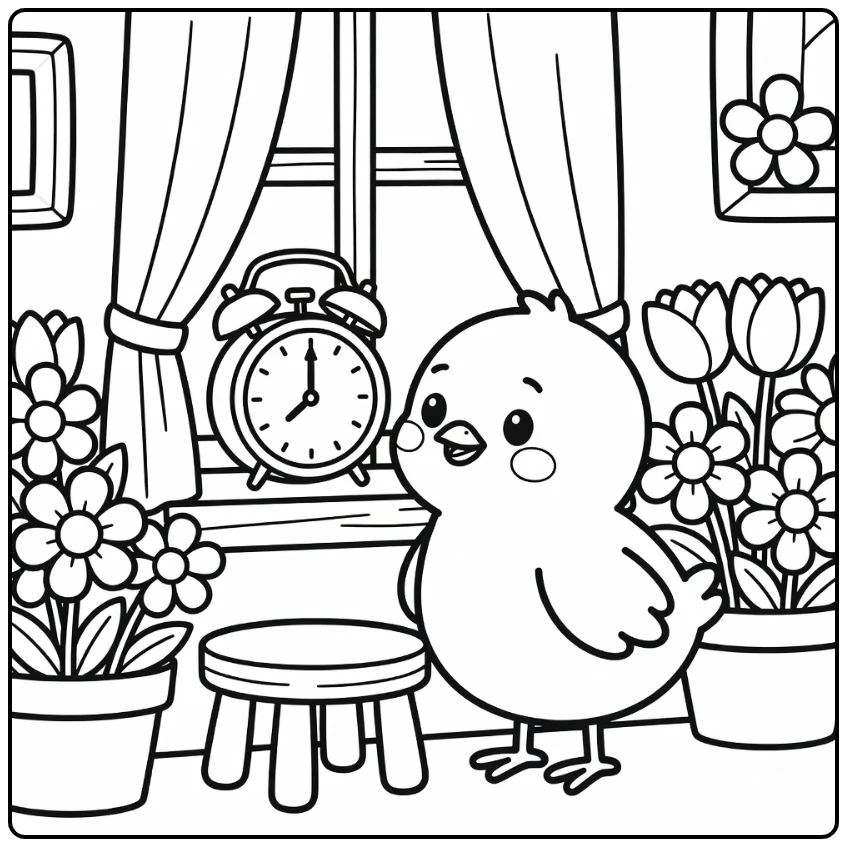 Chick coloring page with curious chick and alarm clock