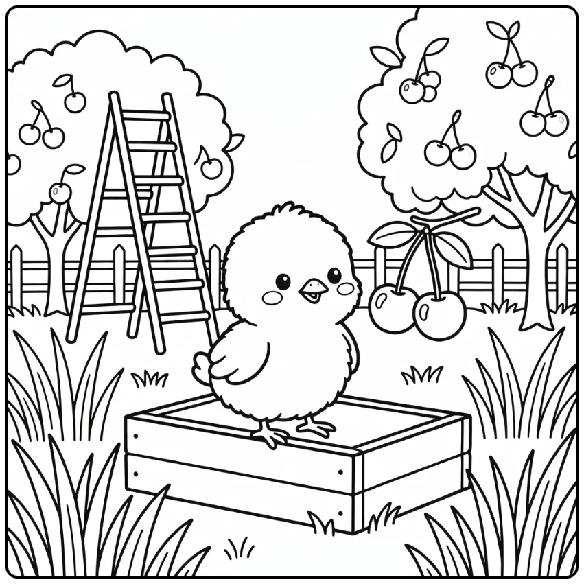 Chick coloring page with chick watching cherries