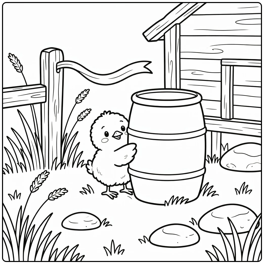 Chick coloring page showing chick peeking at ribbon by barrel