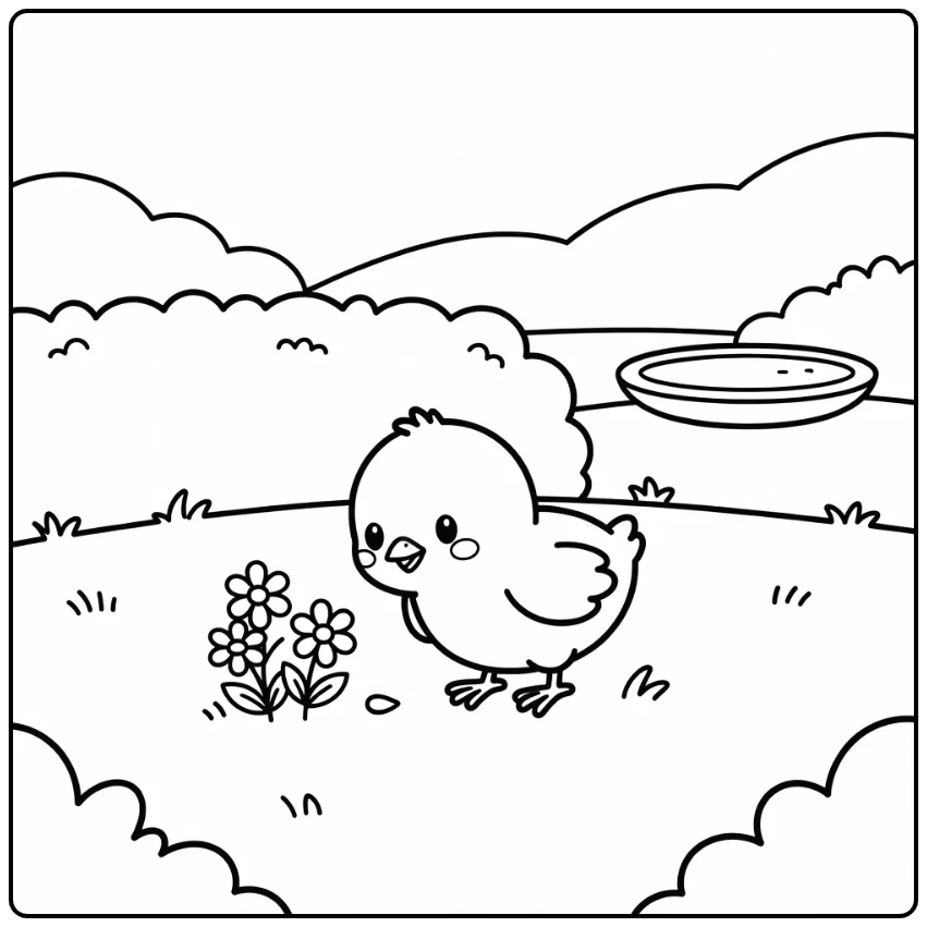 Chick coloring page with daisies and birdbath in garden