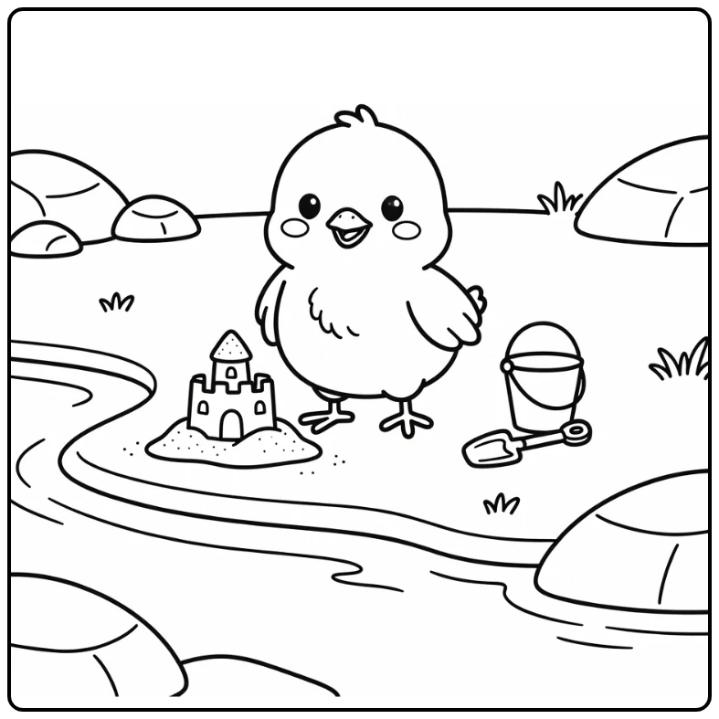 Chick coloring page with sandcastle on riverbank