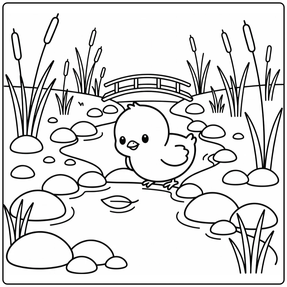 Chick coloring page cute chick watches leaf in stream