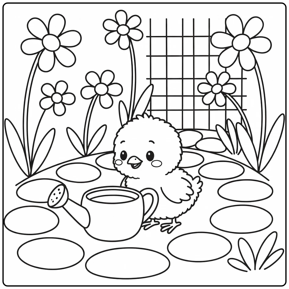 Adorable chick coloring page with garden watering can