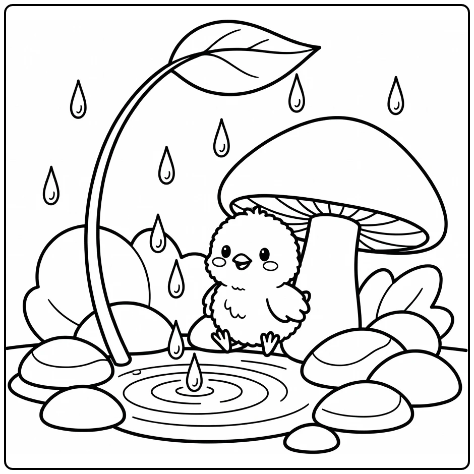Chick coloring page of chick by mushroom cap on rainy day
