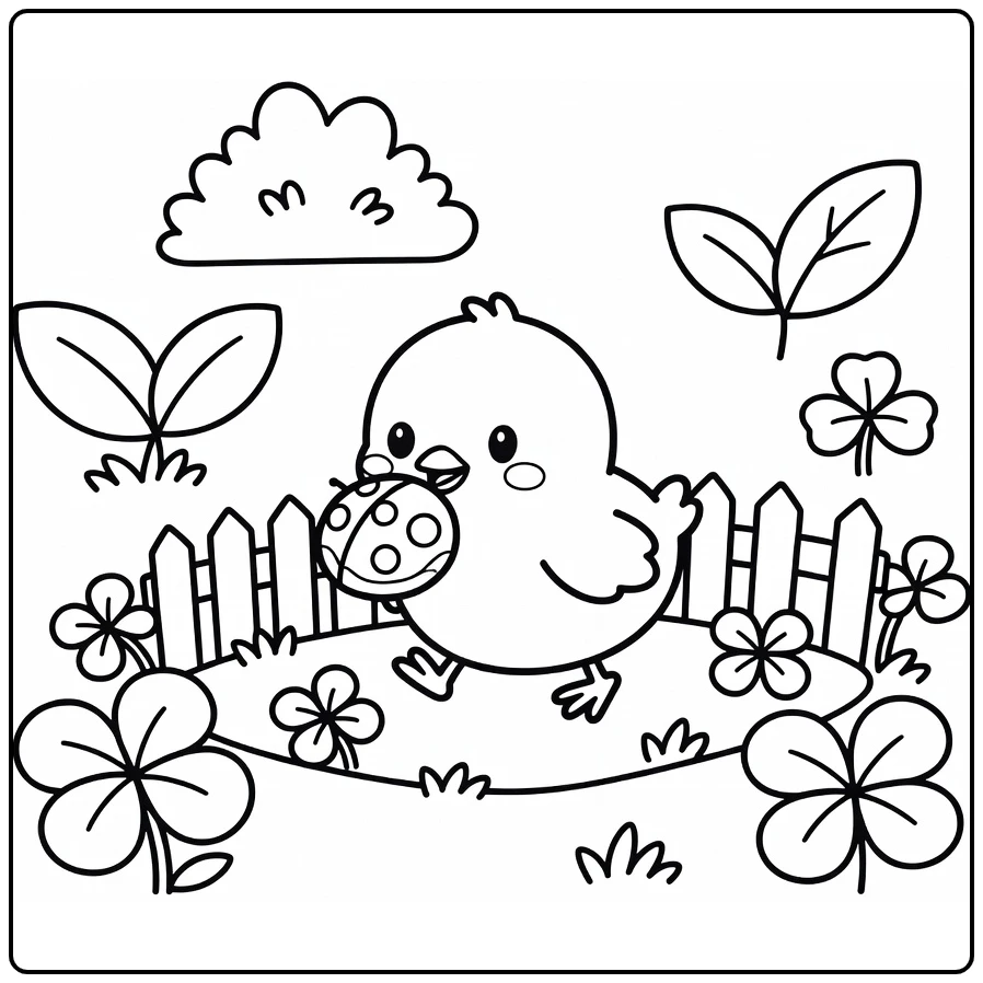 Chick coloring page: cute chick pushes beak on ladybug pebble